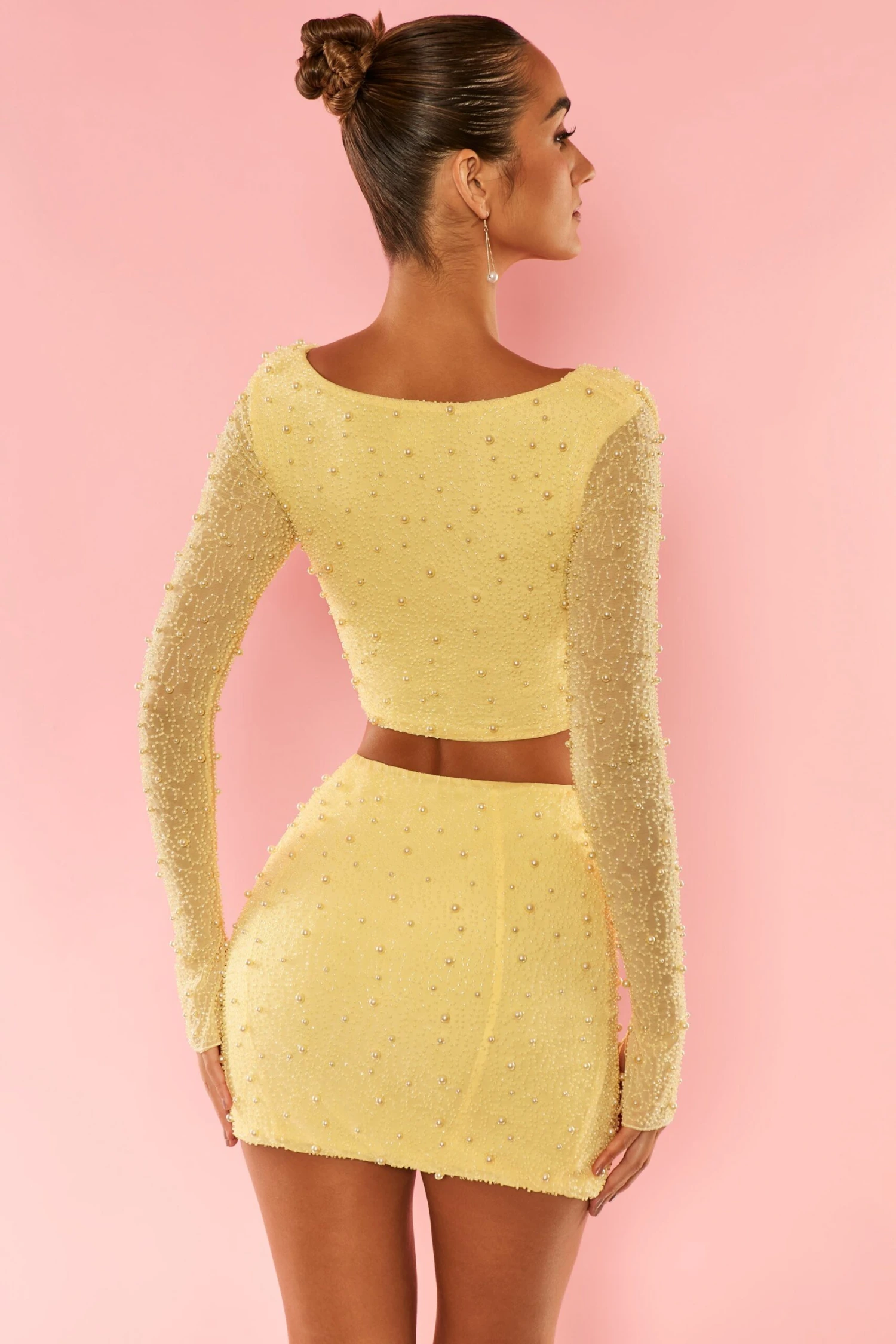 Long Sleeve Deep Plunge Crop Top In Yellow 2 Long Sleeve Deep Plunge Crop Top In Yellow - Image 2