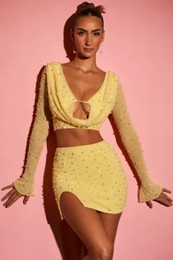 Long Sleeve Deep Plunge Crop Top In Yellow