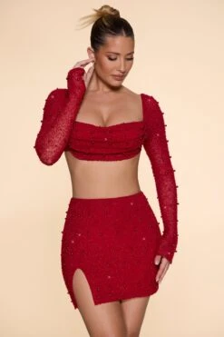 High Waist Thigh Split Mini Skirt In Red -Sway Line Zone 5591 2 BelleIle Red High Waisted Skirt