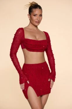 High Waist Thigh Split Mini Skirt In Red -Sway Line Zone 5591 5 BelleIle Red High Waisted Skirt