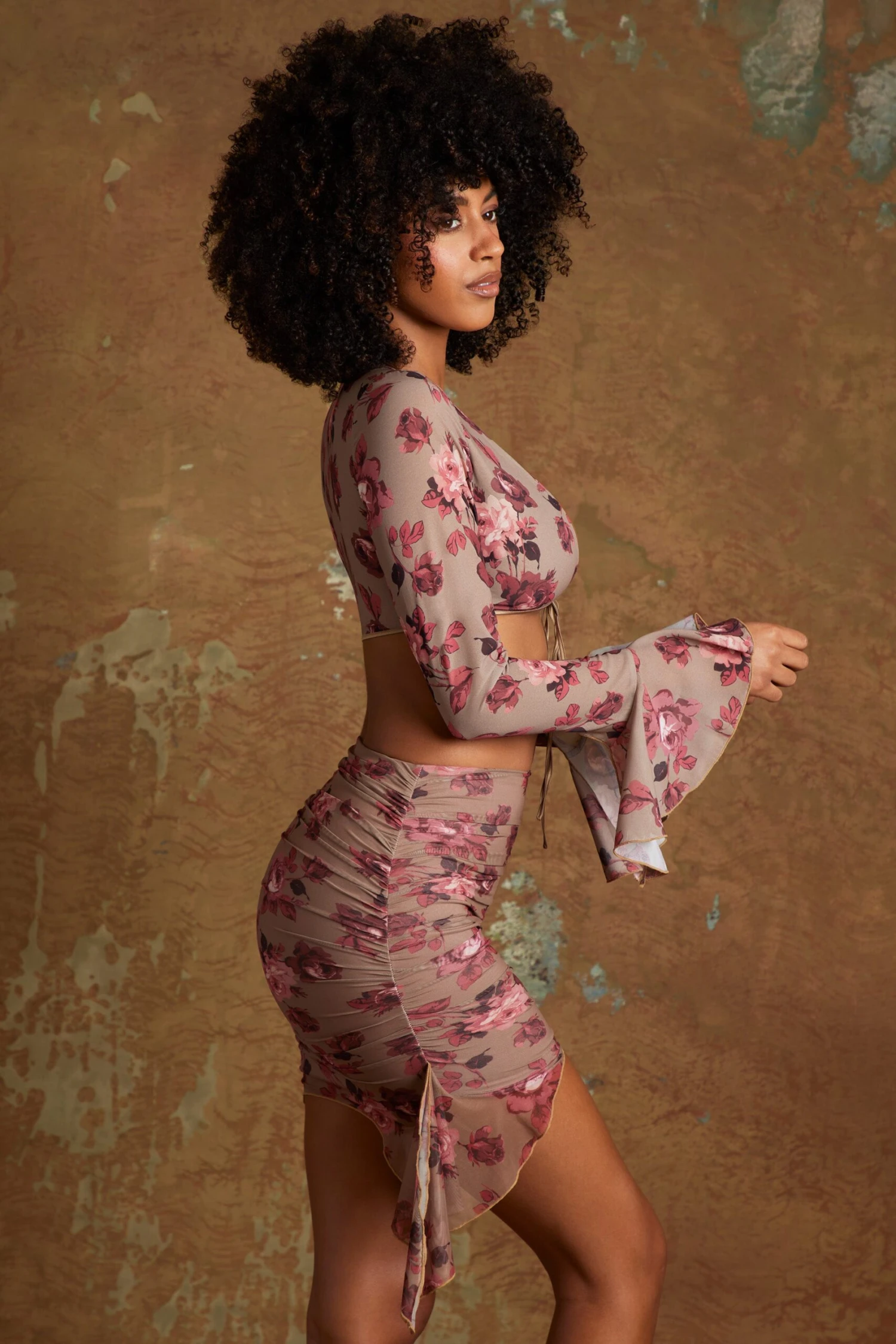 Tie Front Crop Top In Beige Print 3 Tie Front Crop Top In Beige Print - Image 3