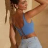 Scoop Neck Lace Up Back Crop Top In Dark Blue