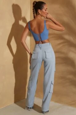 Scoop Neck Lace Up Back Crop Top In Dark Blue -Sway Line Zone 5841 6757 9 Parker Light Blue Zia Dark Blue Ribbed Crop Top Cargos 2739d981 e1b3 481f bf7f 2b44dc94a0c1
