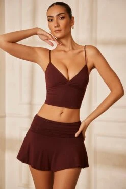 V Neck Ruched Crop Top In Brown -Sway Line Zone 5851 5852 8 Cuore Angelo Brown Ruched Micro Skirt Ruched Top