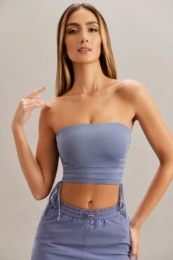 Ruched Bandeau Crop Top In Blue -Sway Line Zone 5860 2 Alisa Blue Ruched Bandeau Top