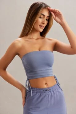 Ruched Bandeau Crop Top In Blue -Sway Line Zone 5860 5 Alisa Blue Ruched Bandeau Top