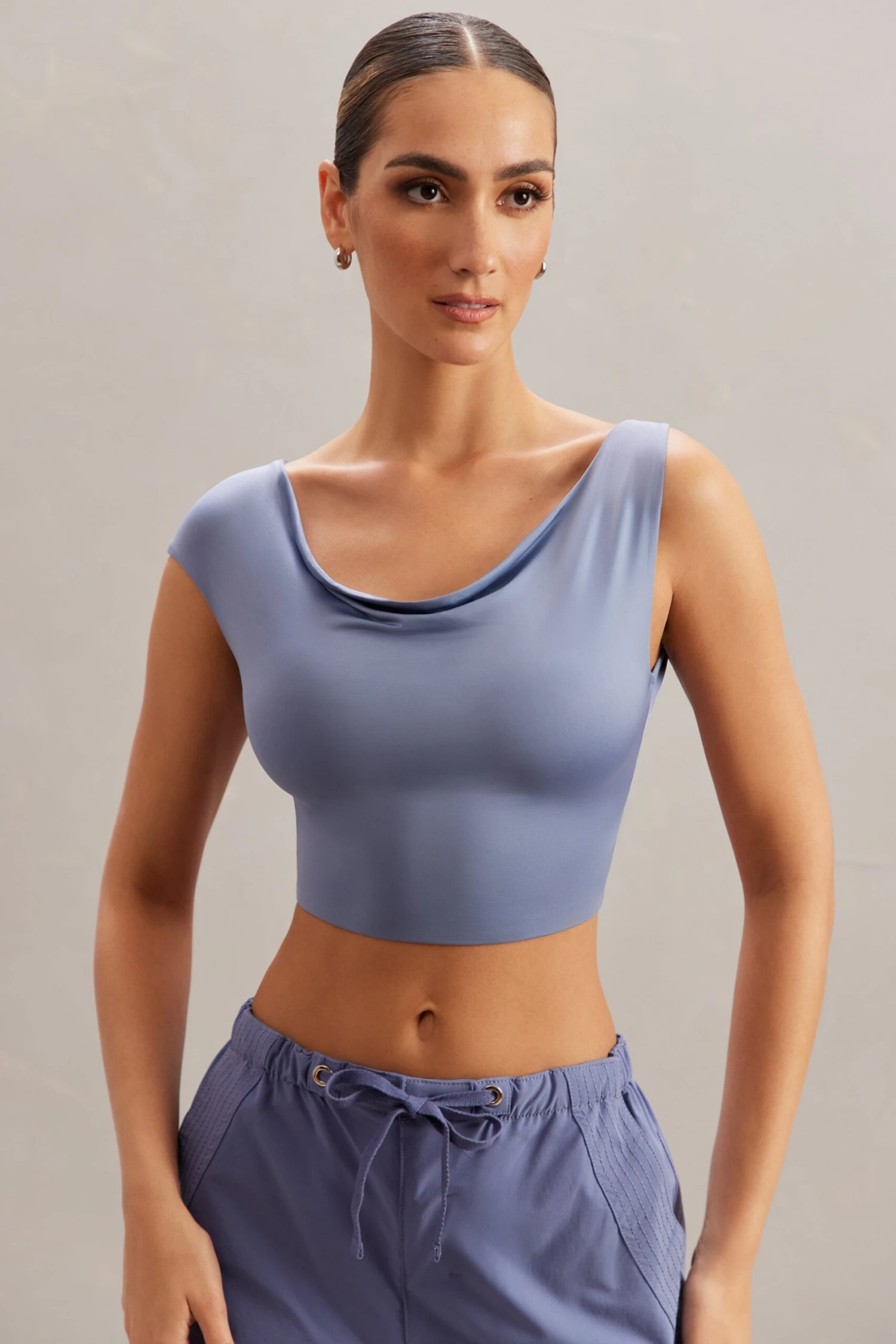Cowl Neck Crop Top In Blue 5 Cowl Neck Crop Top In Blue - Image 5