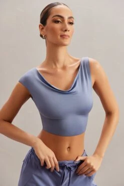 Cowl Neck Crop Top In Blue 15 Cowl Neck Crop Top In Blue -Sway Line Zone 5863 4 Yindi Blue Cowl Neck Top