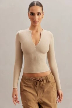 Long Sleeve Crop Top In Stone 11 Long Sleeve Crop Top In Stone -Sway Line Zone 5873 1 Ilina Stone Long Sleeve Zip Up Top