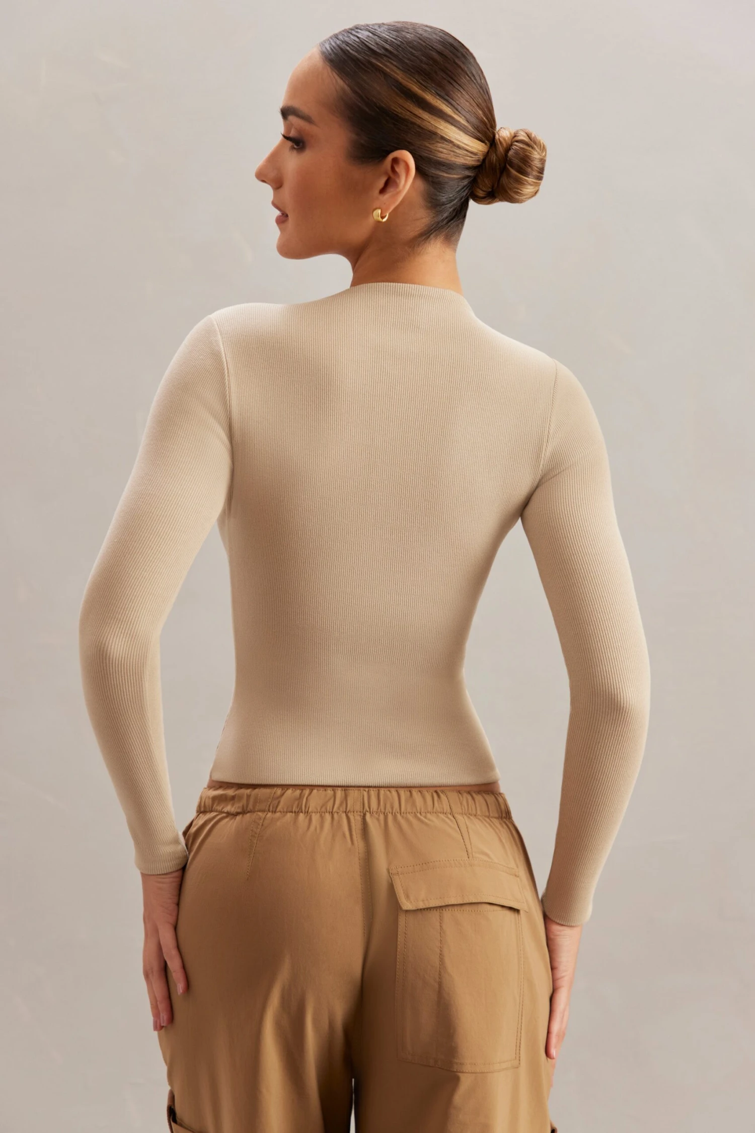 Long Sleeve Crop Top In Stone 2 Long Sleeve Crop Top In Stone - Image 2
