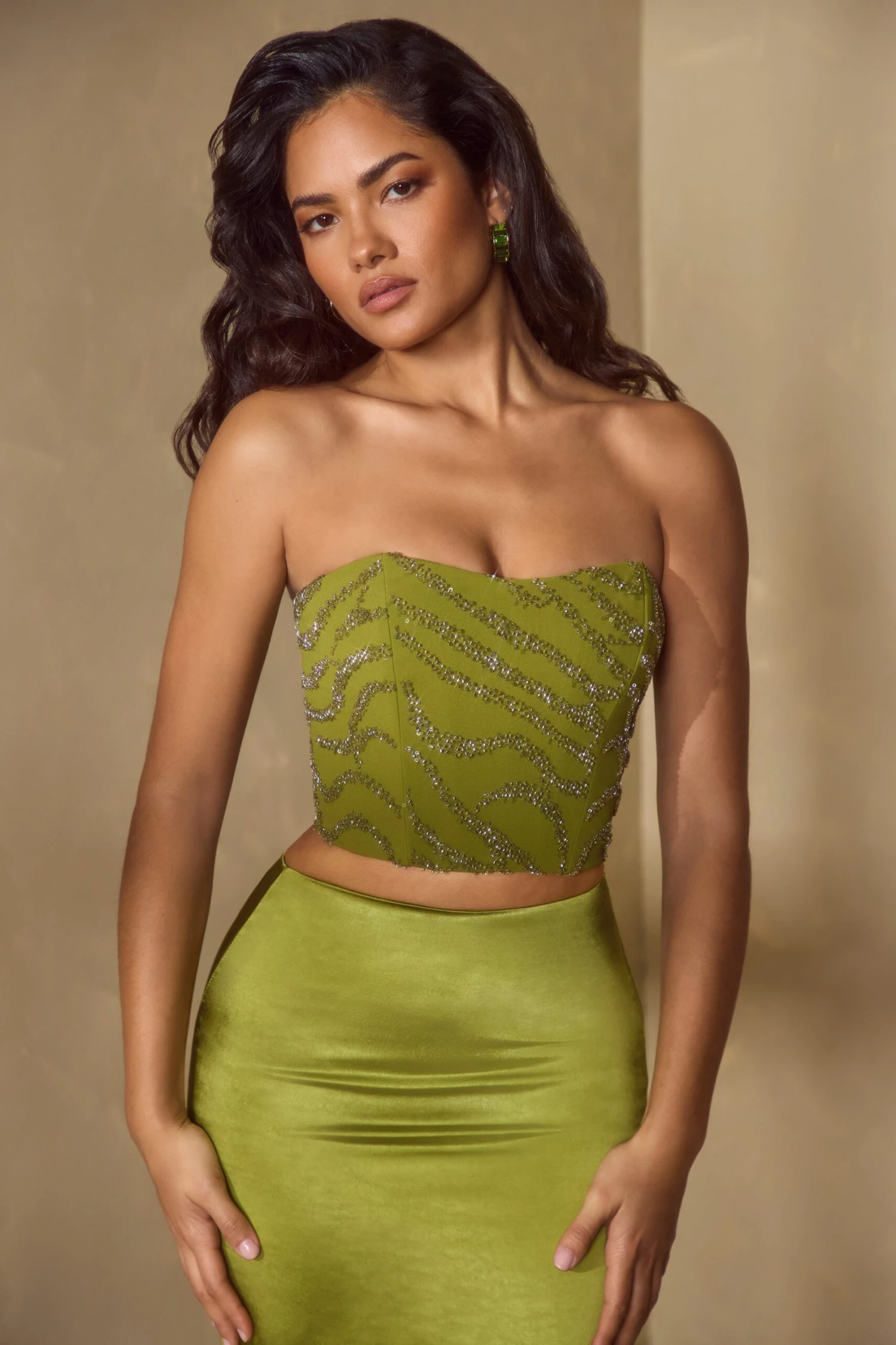 Embellished Bandeau Corset Top In Olive 5 Embellished Bandeau Corset Top In Olive - Image 5