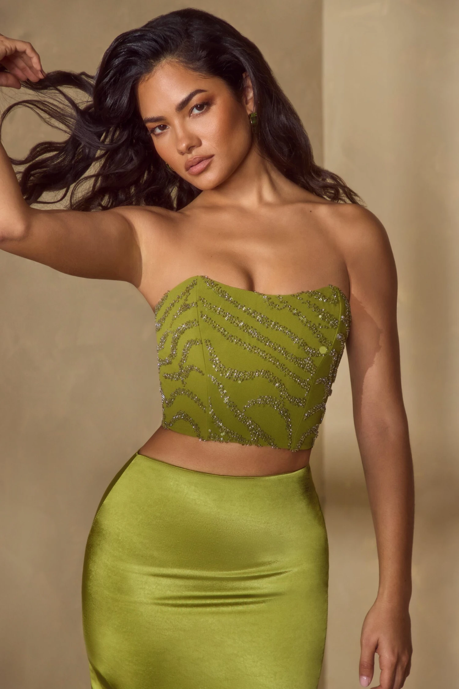 Embellished Bandeau Corset Top In Olive 1 Embellished Bandeau Corset Top In Olive