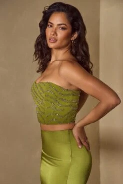 Embellished Bandeau Corset Top In Olive 16 Embellished Bandeau Corset Top In Olive -Sway Line Zone 5929 6745 5 Mina Olive Vorset Top Thigh Split Skirt