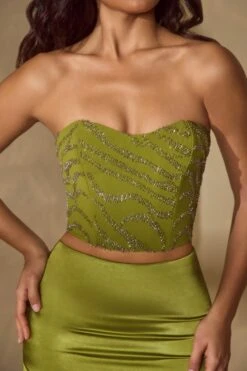 Embellished Bandeau Corset Top In Olive 17 Embellished Bandeau Corset Top In Olive -Sway Line Zone 5929 6745 7 Mina Olive Vorset Top Thigh Split Skirt