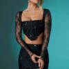 Long Sleeve Embellished Lace Corset Crop Top In Black