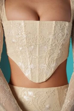 Long Sleeve Embellished Lace Corset Crop Top In Ivory -Sway Line Zone 5958 5960 5 Ivory Embellished Lace Corset Top Mini Skirt