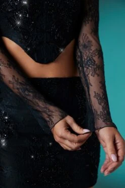 Long Sleeve Embellished Lace Corset Crop Top In Black -Sway Line Zone 5958 5960 6 Black Embellished Lace Corset Top Mini Skirt