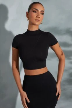 Contrast Stitch Turtleneck Crop Top In Black -Sway Line Zone 6047 6048 12 Arwen Irie Black Contrast Stitch Top Midaxi Skirt