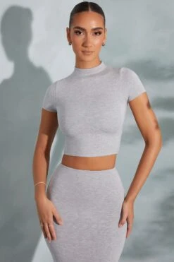 Contrast Stitch Turtleneck Crop Top In Marled Grey 14 Contrast Stitch Turtleneck Crop Top In Marled Grey -Sway Line Zone 6047 6048 13 Arwen Irie Grey Contrast Stitch Top Midaxi Skirt