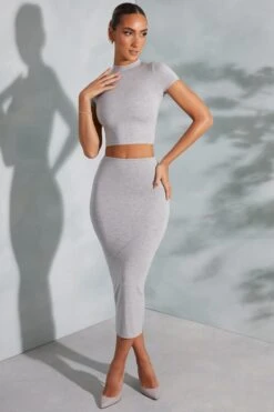 Contrast Stitch Turtleneck Crop Top In Marled Grey 15 Contrast Stitch Turtleneck Crop Top In Marled Grey -Sway Line Zone 6047 6048 1 Arwen Irie Grey Contrast Stitch Top Midaxi Skirt