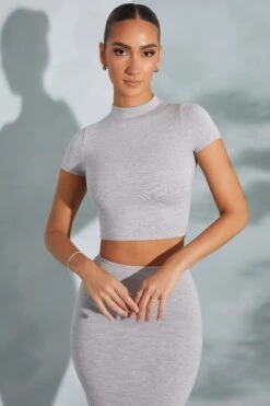 Contrast Stitch Turtleneck Crop Top In Marled Grey