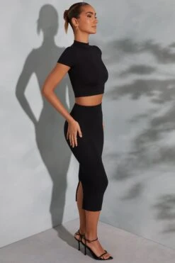 Contrast Stitch Turtleneck Crop Top In Black -Sway Line Zone 6047 6048 5 Arwen Irie Black Contrast Stitch Top Midaxi Skirt