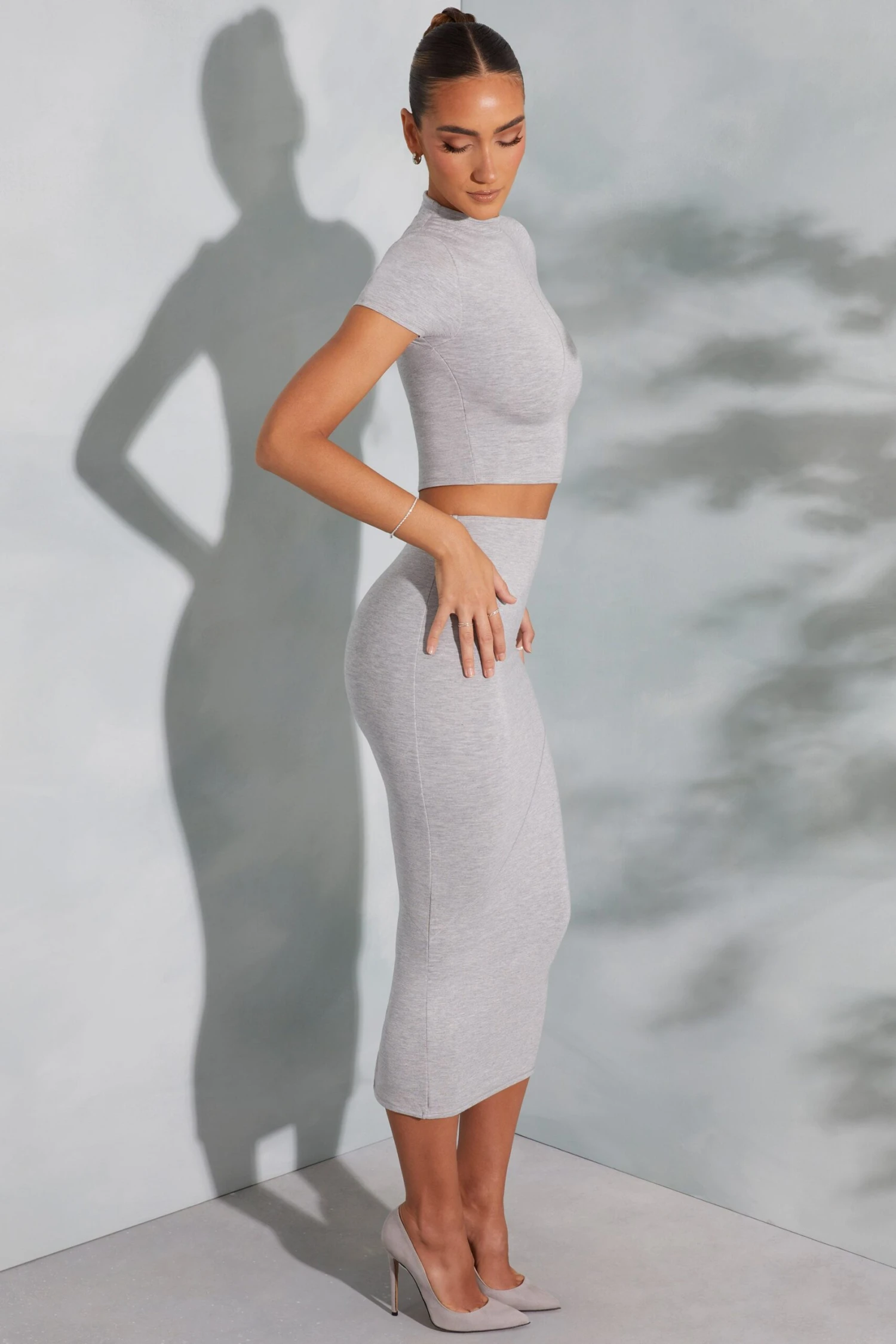 Contrast Stitch Turtleneck Crop Top In Marled Grey 3 Contrast Stitch Turtleneck Crop Top In Marled Grey - Image 3