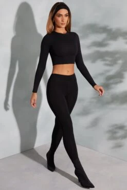 Round Neck Long Sleeve Top In Black -Sway Line Zone 6055 6064 14 Camden Lori Black Seamless Crop Top Leggings