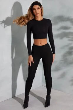 Round Neck Long Sleeve Top In Black -Sway Line Zone 6055 6064 1 Camden Lori Black Seamless Crop Top Leggings