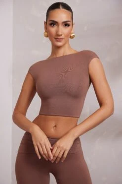 Cap Sleeve Open Back Crop Top In Brown -Sway Line Zone 6063 6205 12 Brown Cap Sleeve Backless Top Mid Rise Stright Trousers