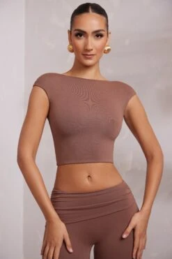 Cap Sleeve Open Back Crop Top In Brown -Sway Line Zone 6063 6205 13 Brown Cap Sleeve Backless Top Mid Rise Stright Trousers