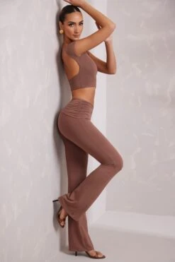 Cap Sleeve Open Back Crop Top In Brown -Sway Line Zone 6063 6205 1 Brown Cap Sleeve Backless Top Mid Rise Stright Trousers