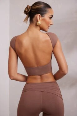 Cap Sleeve Open Back Crop Top In Brown -Sway Line Zone 6063 6205 3 Brown Cap Sleeve Backless Top Mid Rise Stright Trousers