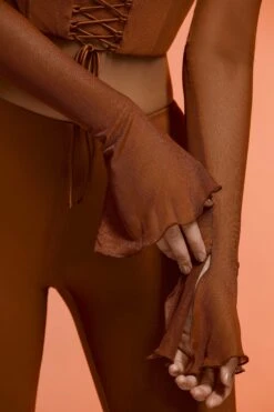 Long Sleeve Cold Shoulder Crop Top In Brown -Sway Line Zone 6119 6120 14 Brown Cold Shoulder Long Sleeve Crop Top Flare Trousers