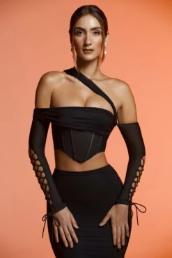 Lace Up Long Sleeve Corset Crop Top In Black -Sway Line Zone 6123 6124 10 Black Lace Up Sleeve Corset Crop Top Midi Skirt 1