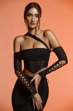 Lace Up Long Sleeve Corset Crop Top In Black