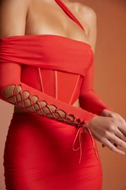 Lace Up Sleeve Corset Crop Top In Red -Sway Line Zone 6123 6124 11 Red Lace Up Sleeve Corset Crop Top Midi Skirt