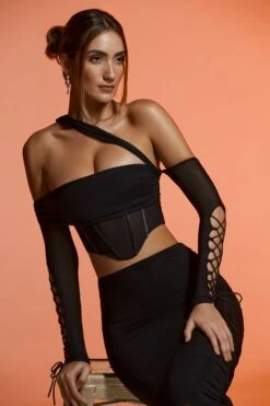 Lace Up Long Sleeve Corset Crop Top In Black -Sway Line Zone 6123 6124 13 Black Lace Up Sleeve Corset Crop Top Midi Skirt 1