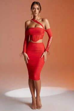 Lace Up Sleeve Corset Crop Top In Red -Sway Line Zone 6123 6124 2 Red Lace Up Sleeve Corset Crop Top Midi Skirt