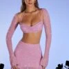 Embellished Long Sleeve Crop Top In Pink