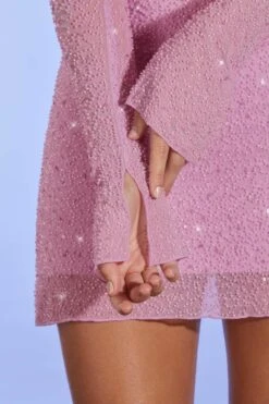 Embellished Long Sleeve Crop Top In Pink -Sway Line Zone 6136 6137 7 Lucerne Pink Embellished Cowl Neck Crop Top Bern Embellished A Line Mini Skirt