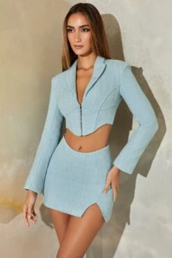 Tweed Corset Cropped Blazer In Light Blue 12 Tweed Corset Cropped Blazer In Light Blue -Sway Line Zone 6147 6148 9 Kirsi Light Blue Tweed Corset Crop Blazer Ivara Tweed Mini Skirt With Dipped Waistcopy