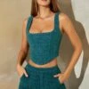 Tweed Square Neck Corset Crop Top In Teal
