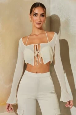 Long Sleeve Ruched Bralette With Sheer Overlay In Stone 11 Long Sleeve Ruched Bralette With Sheer Overlay In Stone -Sway Line Zone 6152 6170 2 Veryan Daya Stone Mesh Bra Top With Chiffon Overlay Cardigan Satin Straight Leg Cargo Pants
