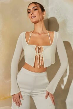 Long Sleeve Ruched Bralette With Sheer Overlay In Stone 12 Long Sleeve Ruched Bralette With Sheer Overlay In Stone -Sway Line Zone 6152 6170 3 Veryan Daya Stone Mesh Bra Top With Chiffon Overlay Cardigan Satin Straight Leg Cargo Pants