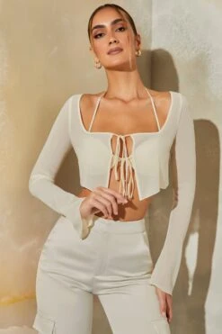 Long Sleeve Ruched Bralette With Sheer Overlay In Stone 13 Long Sleeve Ruched Bralette With Sheer Overlay In Stone -Sway Line Zone 6152 6170 4 Veryan Daya Stone Mesh Bra Top With Chiffon Overlay Cardigan Satin Straight Leg Cargo Pants