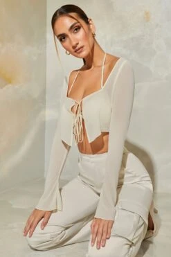 Long Sleeve Ruched Bralette With Sheer Overlay In Stone 9 Long Sleeve Ruched Bralette With Sheer Overlay In Stone -Sway Line Zone 6152 6170 7 Veryan Daya Stone Mesh Bra Top With Chiffon Overlay Cardigan Satin Straight Leg Cargo Pants