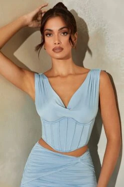 Plunge Neck Corset Crop Top In Light Blue -Sway Line Zone 6155 6159 7 Haze LightBlue Plunge Cowl Corset Nova Ruched Maxi Skirt 2