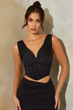 Plunge Neck Corset Crop Top In Black 12 Plunge Neck Corset Crop Top In Black -Sway Line Zone 6159 6155 7 Haze Black Plunge Cowl Corset Nova Ruched Maxi Skirt