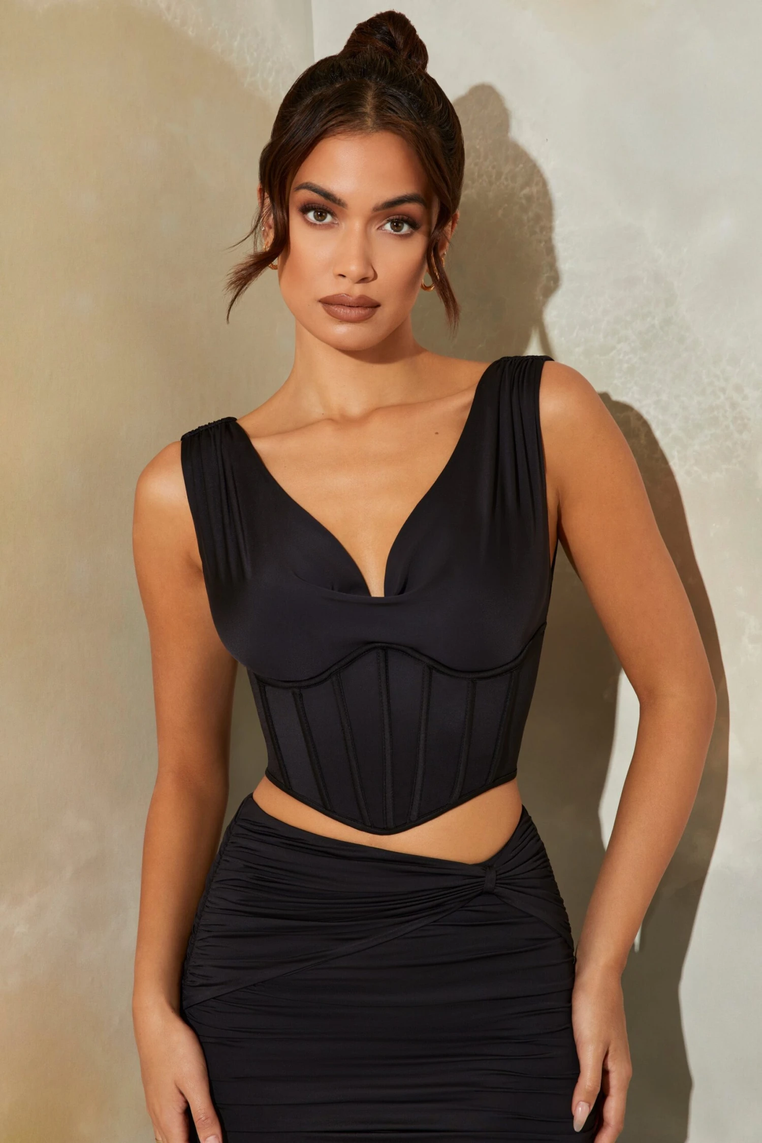 Plunge Neck Corset Crop Top In Black 6 Plunge Neck Corset Crop Top In Black - Image 6